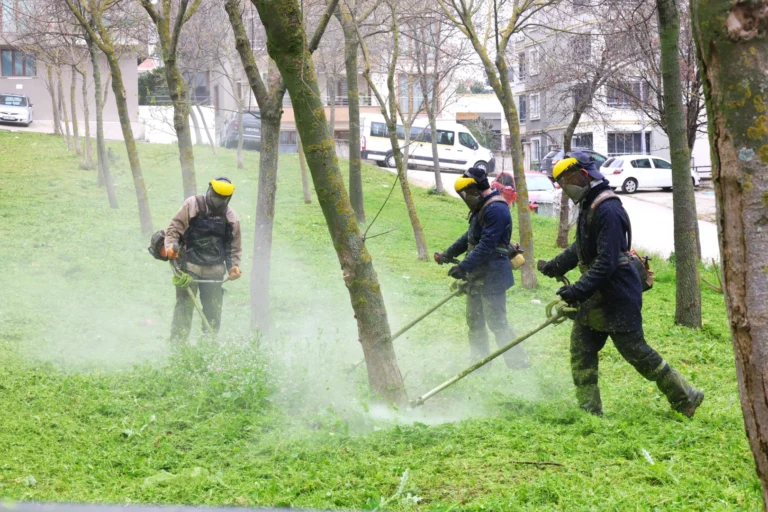 Osmangazi Belediyesi ekipleri, bahar aylarında park ve kaldırımlardaki yabani otları temizliyor.