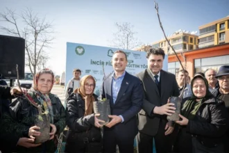 Balıkesir Büyükşehir Belediye Başkanı Ahmet Akın, Havran'da çiftçilere incir fidanı dağıtırken