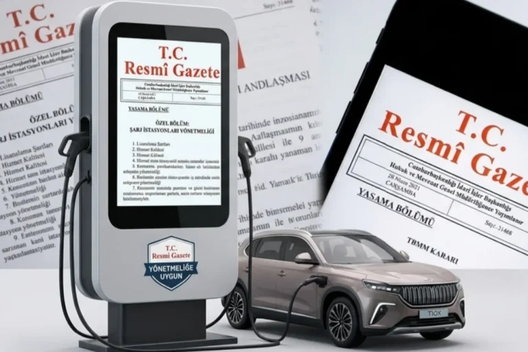 Elektrikli araç şarj istasyonu ve yönetmelik değişikliğini simgeleyen görsel