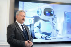 Melikgazi Belediyesi'nin yapay zeka asistanı MEGA'nın vatandaşlara hizmet verdiği anı gösteren görsel