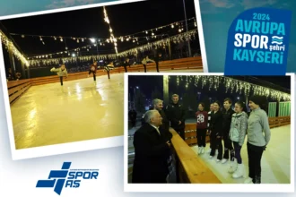 Kayseri'de Ramazan Bayramı'nda açık hava buz pateni pisti yoğun ilgi gördü.