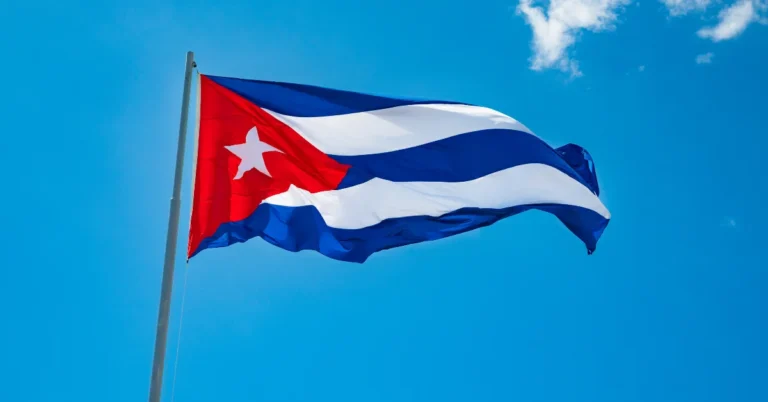 Küba bayrağı önünde konuşma yapan bir Kübalı yetkili