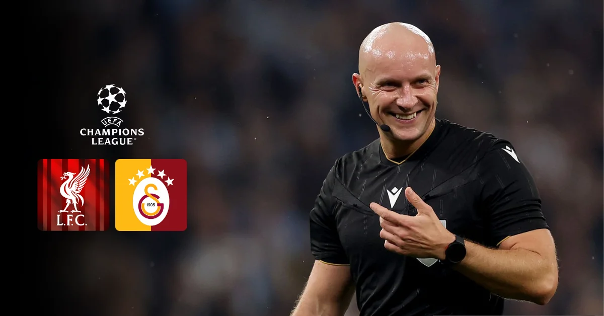 Liverpool ve Galatasaray futbol takımlarının logosu ve Szymon Marciniak'ın fotoğrafı