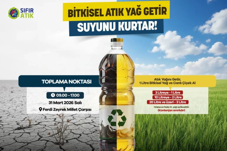 Manisa Büyükşehir Belediyesi'nin atık yağ kampanyası kapsamında çevre temizliği ve su kaynaklarının korunmasına yönelik çağrı yapan görsel.