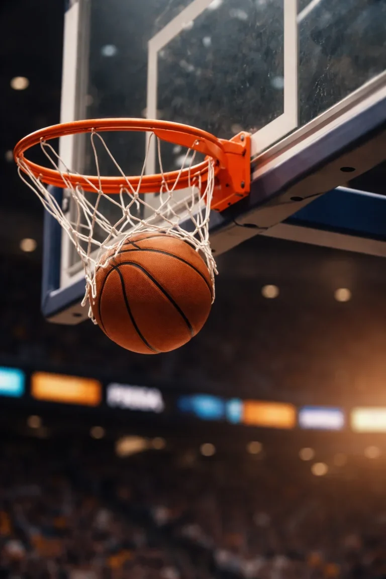 EuroLeague basketbol sahasında oyuncular mücadele ederken genel plan görünüm