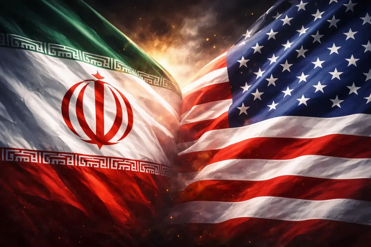 İran ve ABD bayrakları, diplomatik gerilimi simgeliyor.