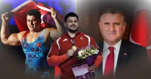 Bakan Osman Aşkın Bak, 13. kez Avrupa Şampiyonu olan milli güreşçi Rıza Kayaalp'i tebrik ediyor.