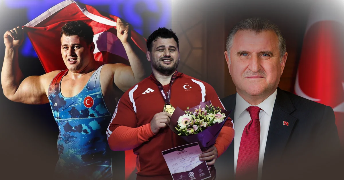 Bakan Osman Aşkın Bak, 13. kez Avrupa Şampiyonu olan milli güreşçi Rıza Kayaalp'i tebrik ediyor.