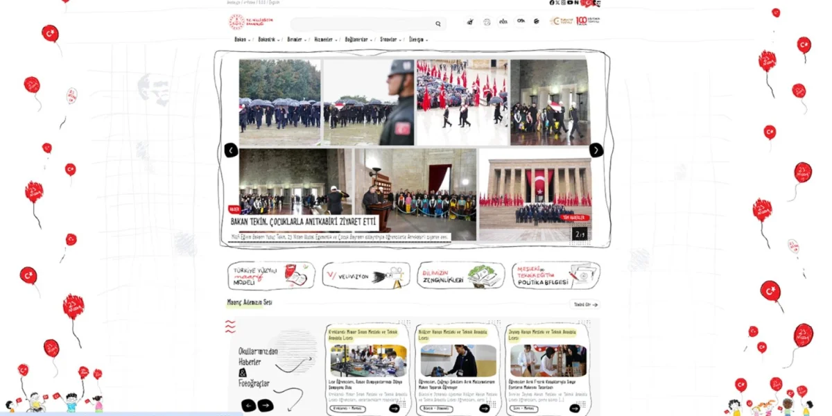 MEB'in 23 Nisan Ulusal Egemenlik ve Çocuk Bayramı'na özel olarak yenilenen internet sitesi
