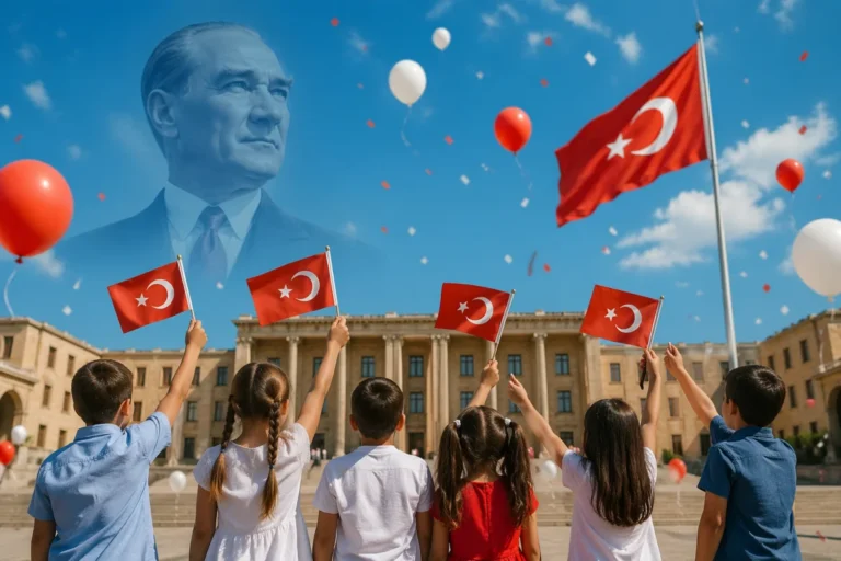 23 Nisan Ulusal Egemenlik ve Çocuk Bayramı kutlamalarını gösteren coşkulu bir görsel