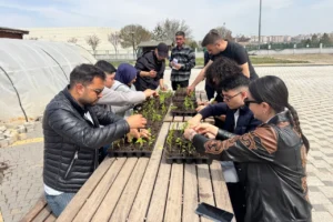 Kayseri'de üniversite öğrencilerine uygulamalı tarım eğitimi veriliyor, doğal ürünler bahçesinde fidelerle çalışılıyor.