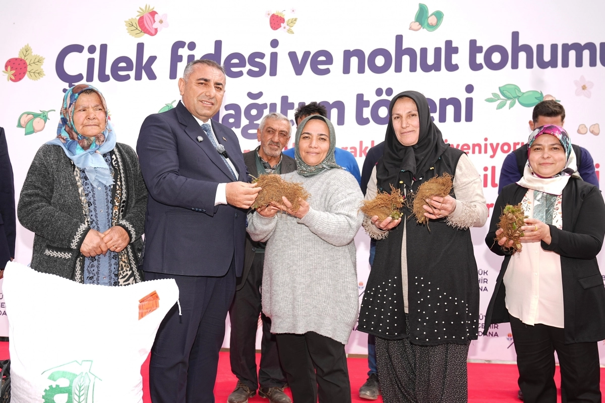 Adana Büyükşehir Belediyesi Tufanbeyli'de üreticilere çilek fidesi ve nohut tohumu dağıtırken