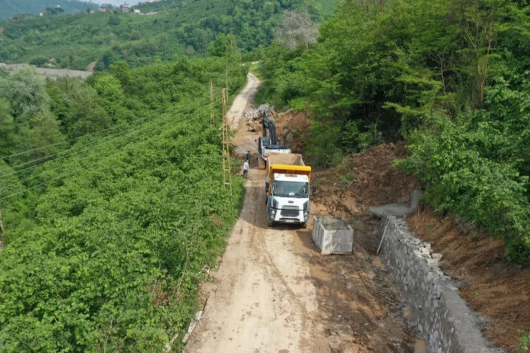 Ordu'nun Kovancı Mahallesi'nde yol güvenliğini artırmak için yapılan taş duvar çalışması