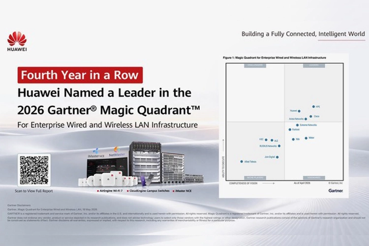 Huawei, 2026 Gartner Magic Quadrant raporunda kurumsal kablosuz ve kablolu LAN altyapısı lideri seçildi.