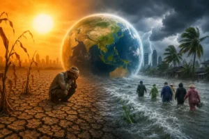 El Niño hava olayının Asya'da sıcaklık artışı, kuraklık ve sel risklerine neden olabileceğine dair uyarıları gösteren görsel.