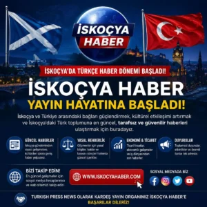İskoçya'da Türkçe yayın yapan ilk haber portalı İskoçya Haber'in logosu ve yayın hayatına başladığını belirten görsel.
