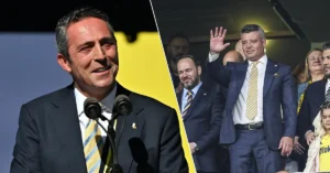 Fenerbahçe genel kurulunda Ali Koç ve Sadettin Saran dönemlerinin ibra edildiği anı gösteren görsel.