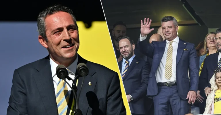 Fenerbahçe genel kurulunda Ali Koç ve Sadettin Saran dönemlerinin ibra edildiği anı gösteren görsel.