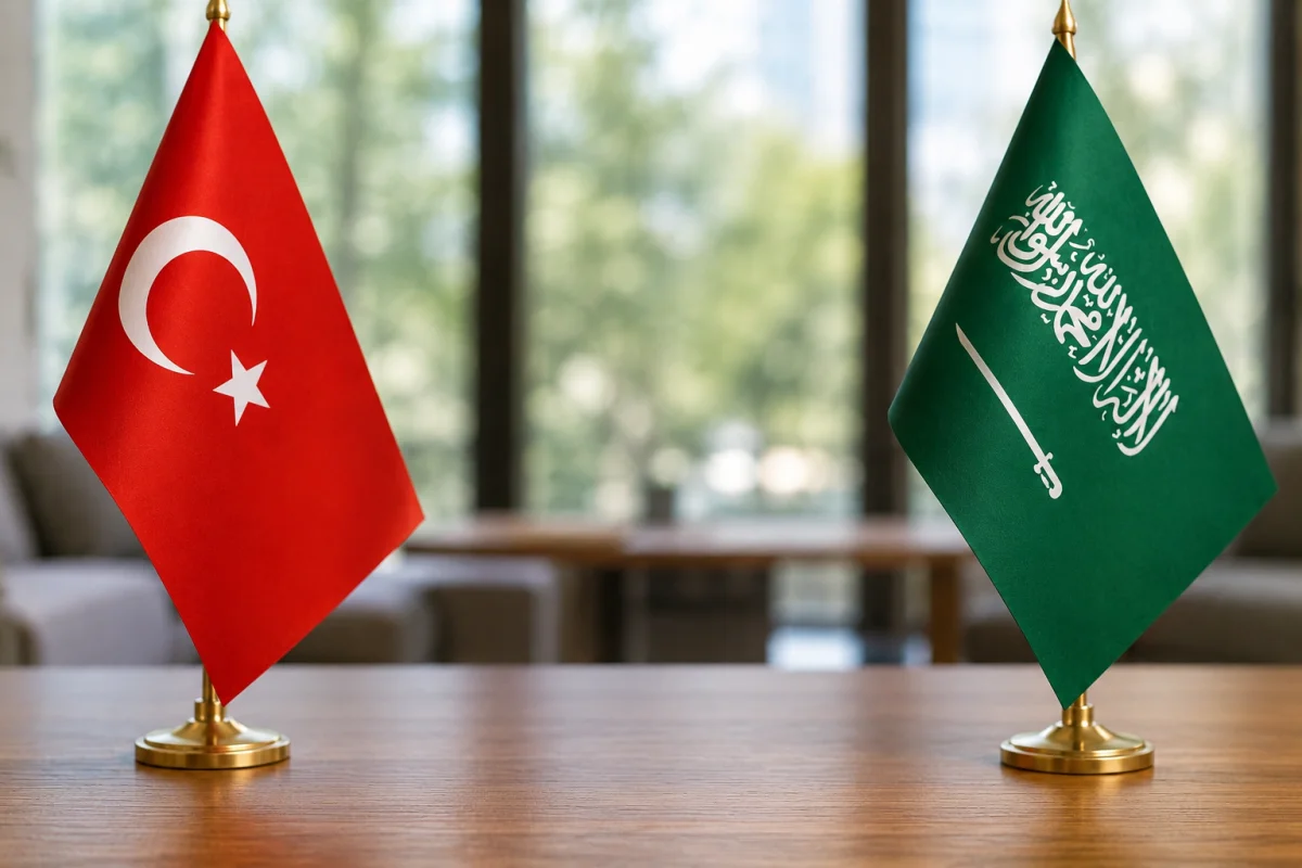 Türkiye ve Suudi Arabistan bayrakları ve vizesiz seyahat vurgusu yapan görsel.
