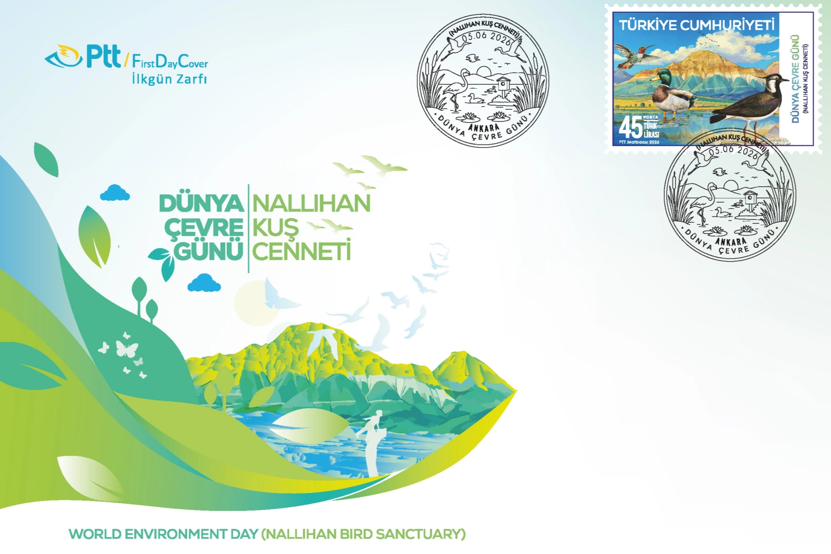 PTT'nin 5 Haziran Dünya Çevre Günü için Nallıhan Kuş Cenneti temalı özel anma pulu ve ilkgün zarfı