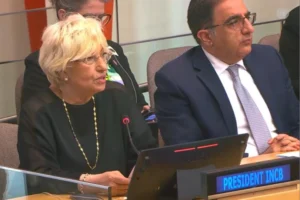 Prof. Dr. Sevil Atasoy, Birleşmiş Milletler'de 2025 yılı uyuşturucu kontrol raporlarını sunuyor.