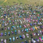 İzmir Yoga Festivali'nde Kültürpark'ın yeşil alanında yoga yapan insanlar